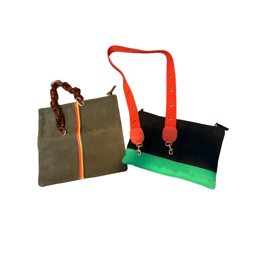 Clare V Clutch Bundle Olive Suede Racing Stripe & Black Quilted Puffer 2 Straps